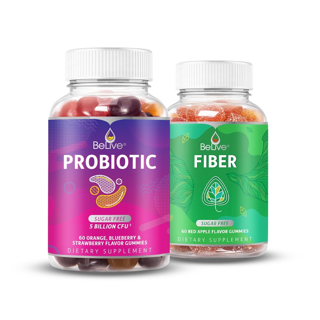 BeLive Digestief bundel Probiotische en vezel Gummies voor spijsverterings- en darmgezondheid, Suikervrij, Veganistisch