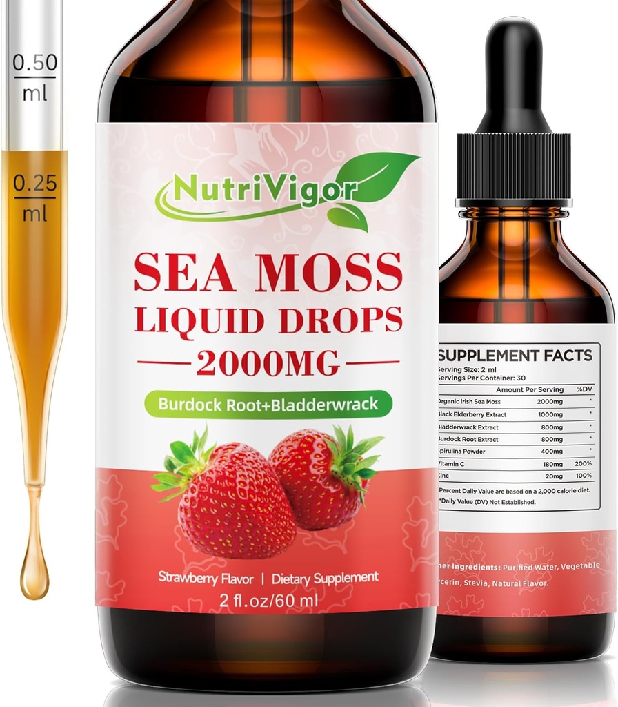 Sea Moss Liquid Drops - 2000mg Irish Sea Moss Supplement with Burdock Root & Bladderwrack, Qrganic Seamoss Raw for Immunity, Digestief, Joint & Thyroid, Strawberry, 2 Fl. Oz/60 ml