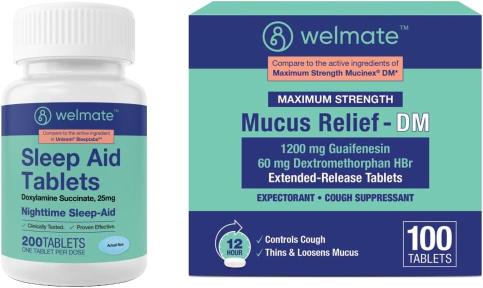 WELMATE Koude en Griep Nachtelijke Verlichtingsbundel: Slijmverlossing DM 1200mg Guaifenesin & 60mg DXM (100 Ct) voor Hoest & Congestie Relief + Doxylamine Succinaat 25mg Slaaphulp (200 tabletten)