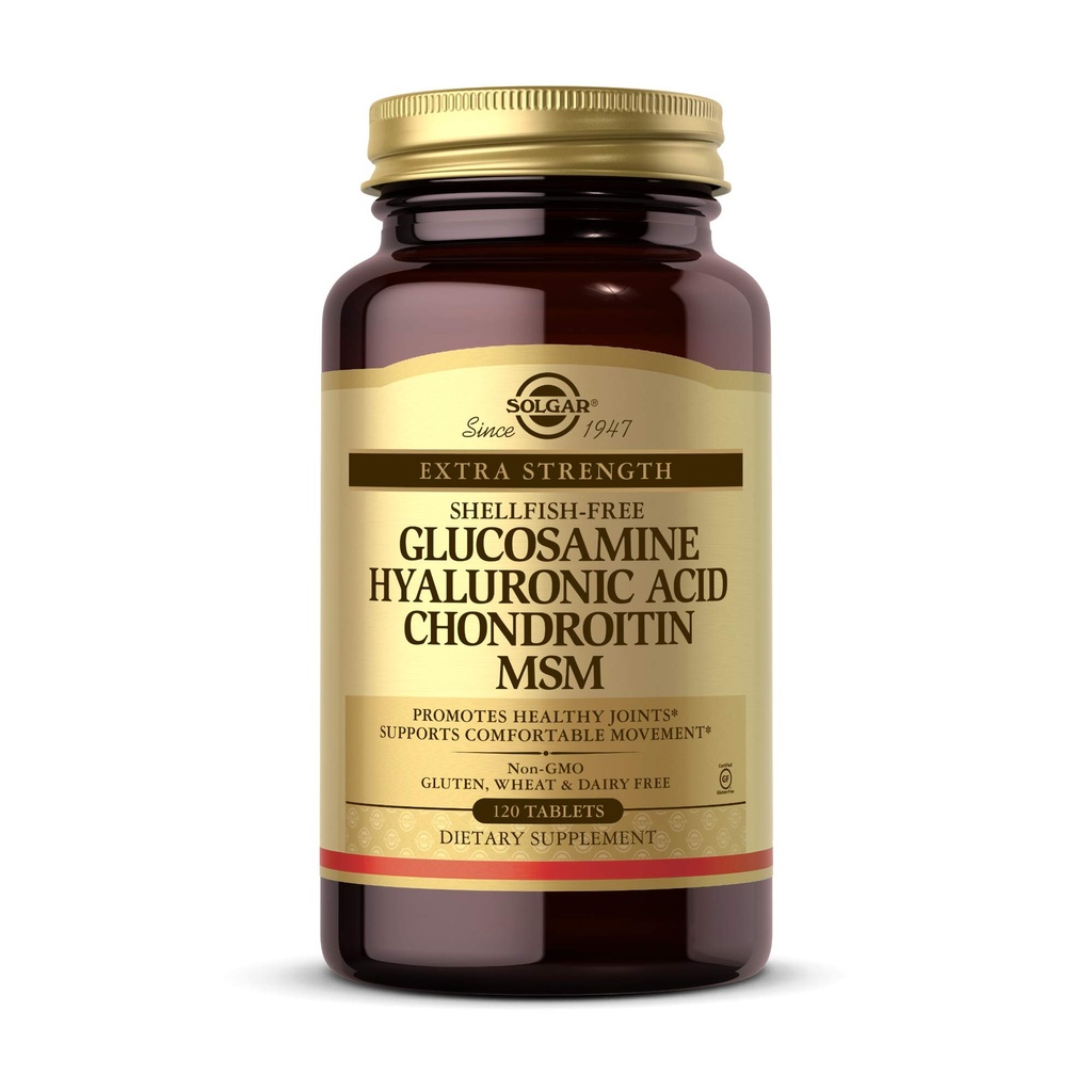 Solgar Glucosamine Hyaluronzuur Chondroitin MSM, 120 tabletten - Ondersteunt gezonde gewrichten - Ondersteunt bereik van beweging en flexibiliteit - Extra sterkte, Shellfish Free - Non-GMO, Gluten Free - 40 porties