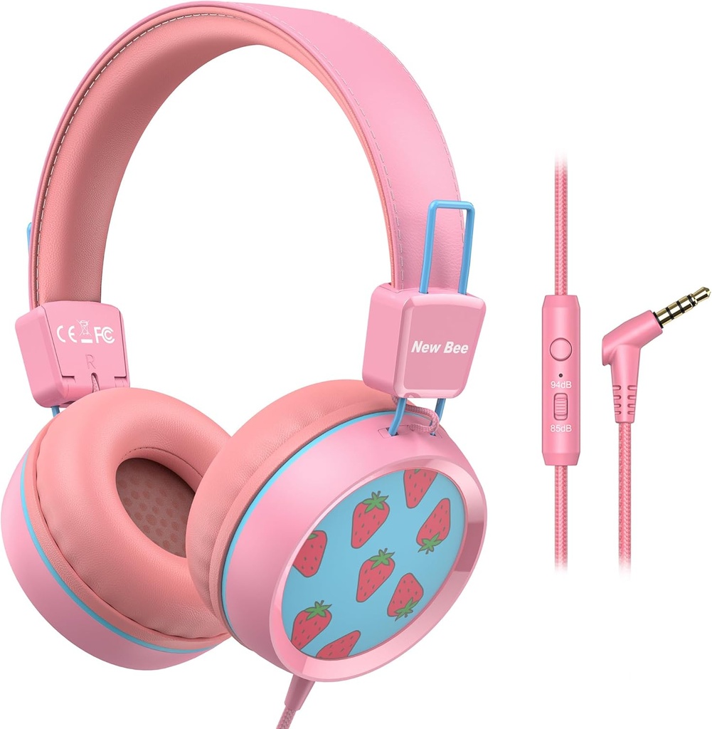 New Bee Kids Headphones Wired for School with Microphone KH20 HD Stereo Safe Volume Limited 85dB/94dB Opvouwbaar lichtgewicht voor Meisje/Mac/Android/Kindle/Tablet/Pad (Roze)
