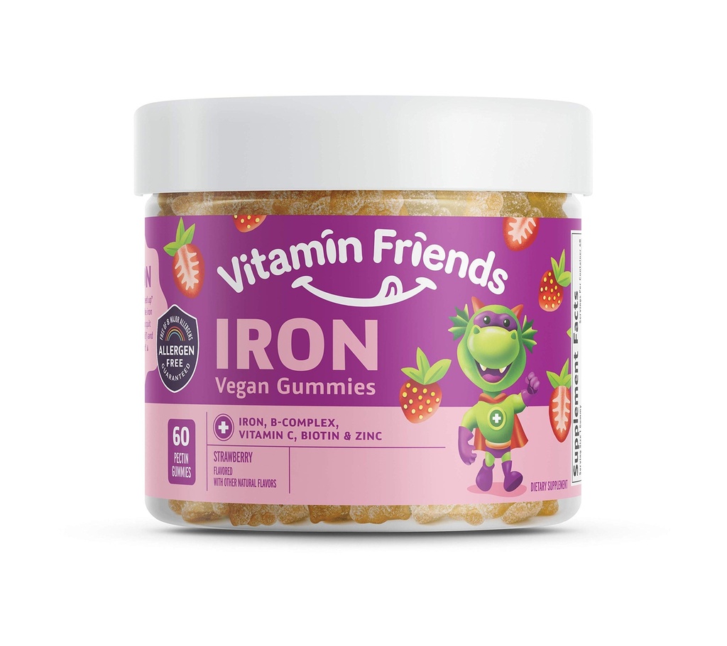 Vitamine Vrienden - Vegan Multivitamine & Ijzer voor kinderen - Dagelijkse voedingsondersteuning Gummies w/Ferrous Fumaraat B-complex, vitamine C, zink, biotine - lichaamsfunctie & anemie - aardbei, (60 dagen levering)