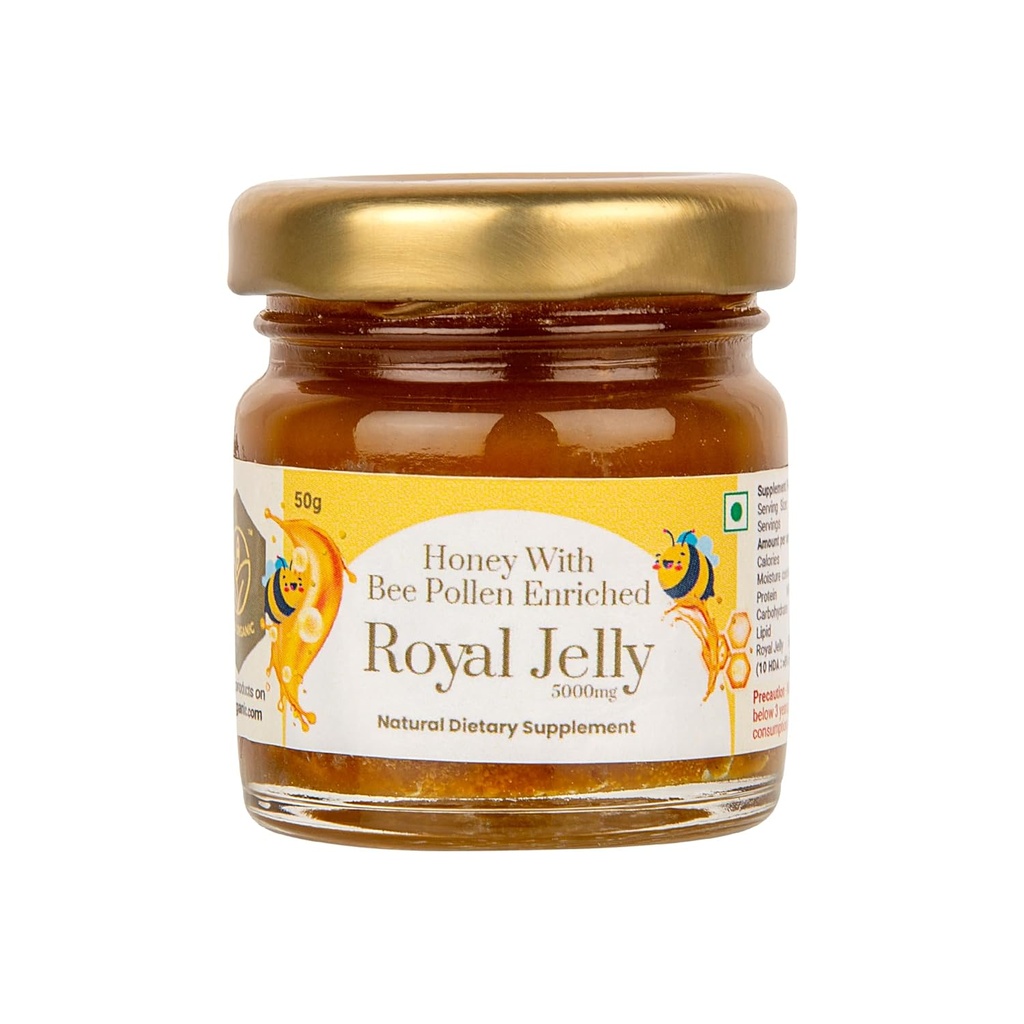 Shiva Biologische Honing met Bijenpollen Verrijkt 2% Royal Jelly (50g) - Premium Biologische Bron - Onveranderde Rauwe Honing met Royal Jelly Infusie voor Holistische Wellness