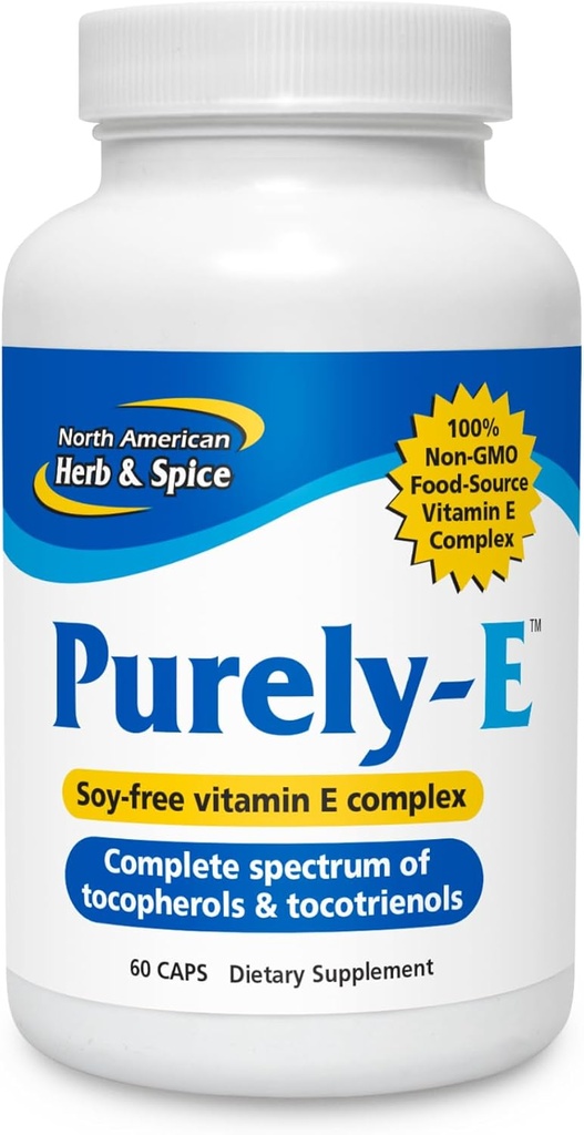 NORTH AMERICAN HERB & SPICE Purement-E - 60 Capsules - Soutient la santé des cheveux, de la peau et des ongles - Complexe de vitamine E sans soja de l'huile de tournesol, des graines de citrouille et de l'huile de palme rouge africaine - Non-OGM - 60 portions
