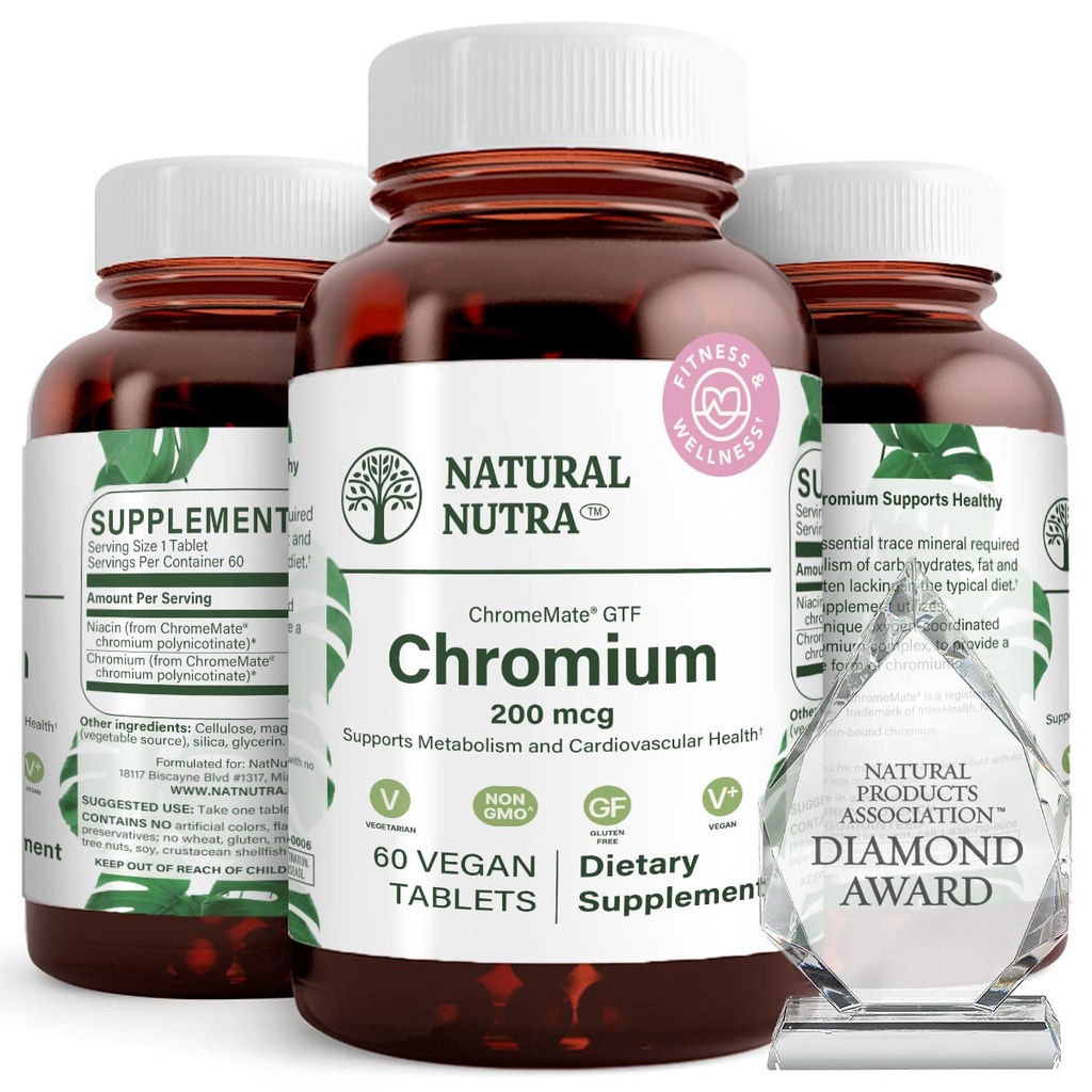 Natuurlijke Nutra GTF Chroom Polynicotinaat met ChromeMate, Ondersteunt Lichaamsmetabolisme, Bevordert Lichaamsgezondheid, Cardiovasculaire Gezondheid 200 mcg, 60 Vegan tabletten