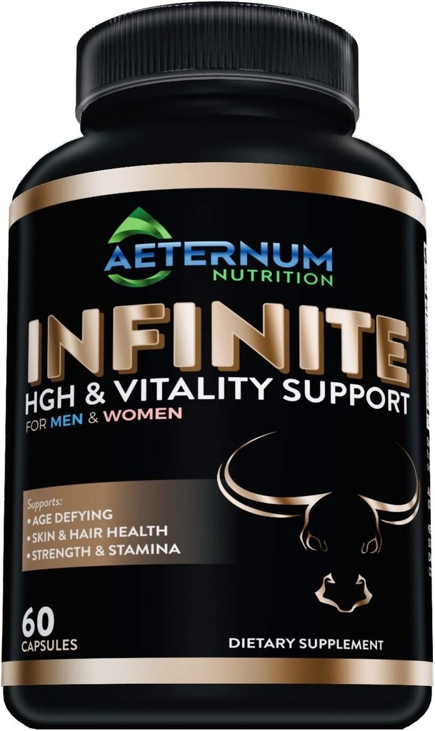 Infinite - HGH - Testosteron - Vitality Supplement-Inclusief Argnine-Glutamine, en nog veel meer! Ondersteunt kracht, uithoudingsvermogen, huid en haar gezondheid, spiergroei. voor mannen en vrouwen 60 capsules per fles.