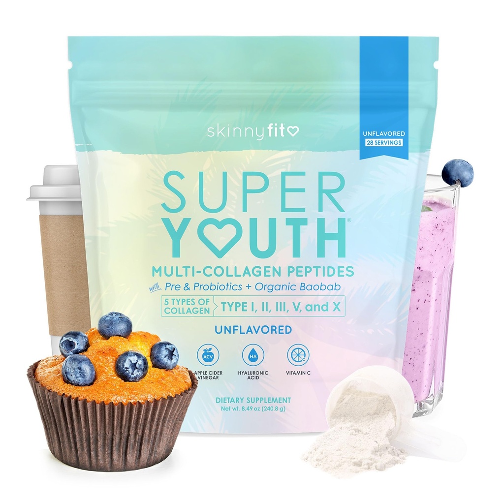 SkinnyFit - Super Youth Collageen voor vrouwen - Multi Collageen Peptides Powder - Probiotics, Fiber, Hyaluronic Acid - Non GMO, Glutenvrij, Suikervrij - Beauty & Self Care - Unflavored (28 Servings)