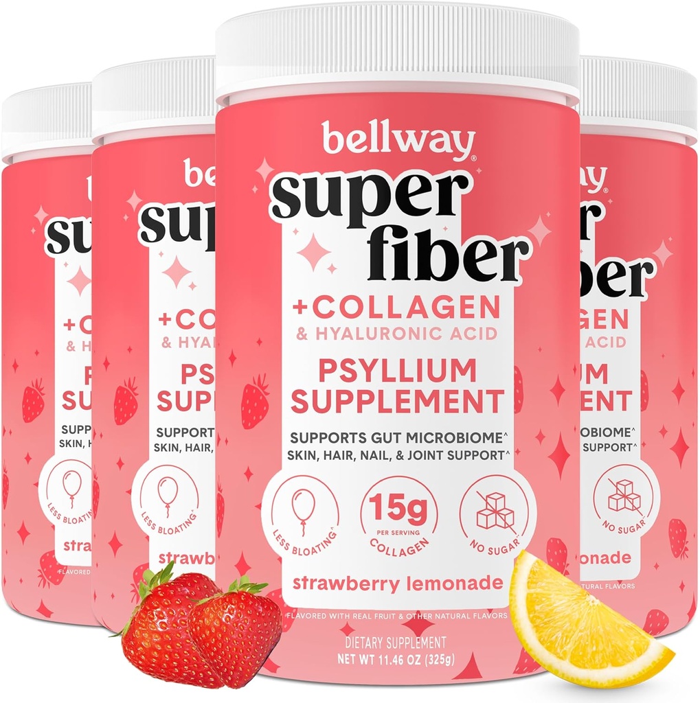Bellway Super Fiber Powder + Collagen (4 Pack), Sugar-Free Psyllium Husk Powder met Collageen Peptides for Gut Health, Healthy Skin, Nails, Bones & Joints, Strawberry Lemonade (45.84 oz)