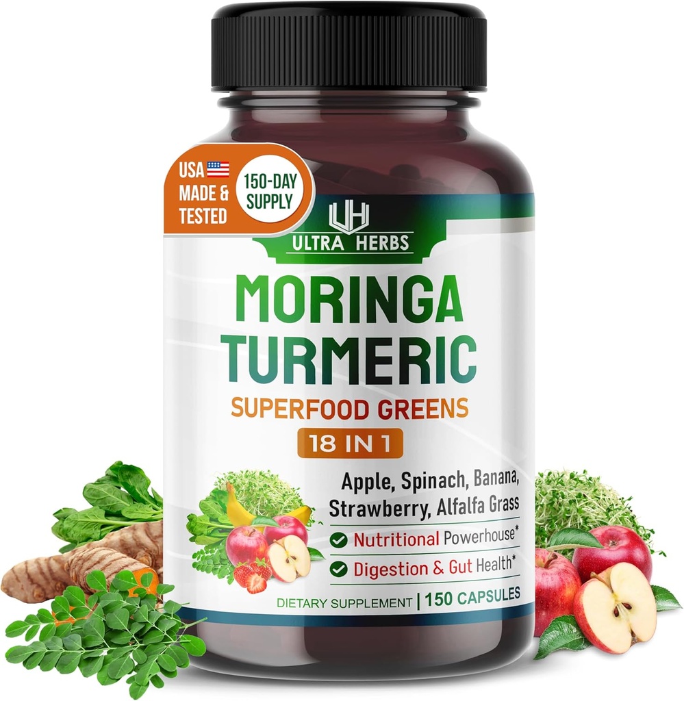 Superfood Greens 18 IN 1 - met fruit & groenten & kruiden -Moringa, Alfalfa, Apple, Spinatch, Banana, Aardbei- Boost Energy, Immunity and Gut Health (150-day supply (pack of 1))