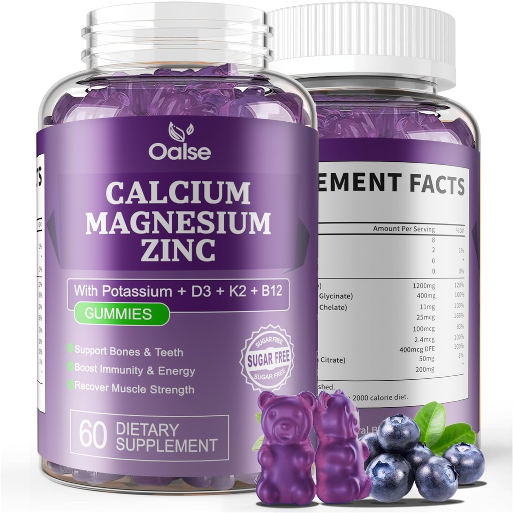 Calcium Magnesium Zink Gummies met Vitamine D3 & K2-High Absorptie Magnesium Glycinaat-Muscles, Immune & Slaap Support-Sugar Free-Blueberry Flavored (1 Pack)