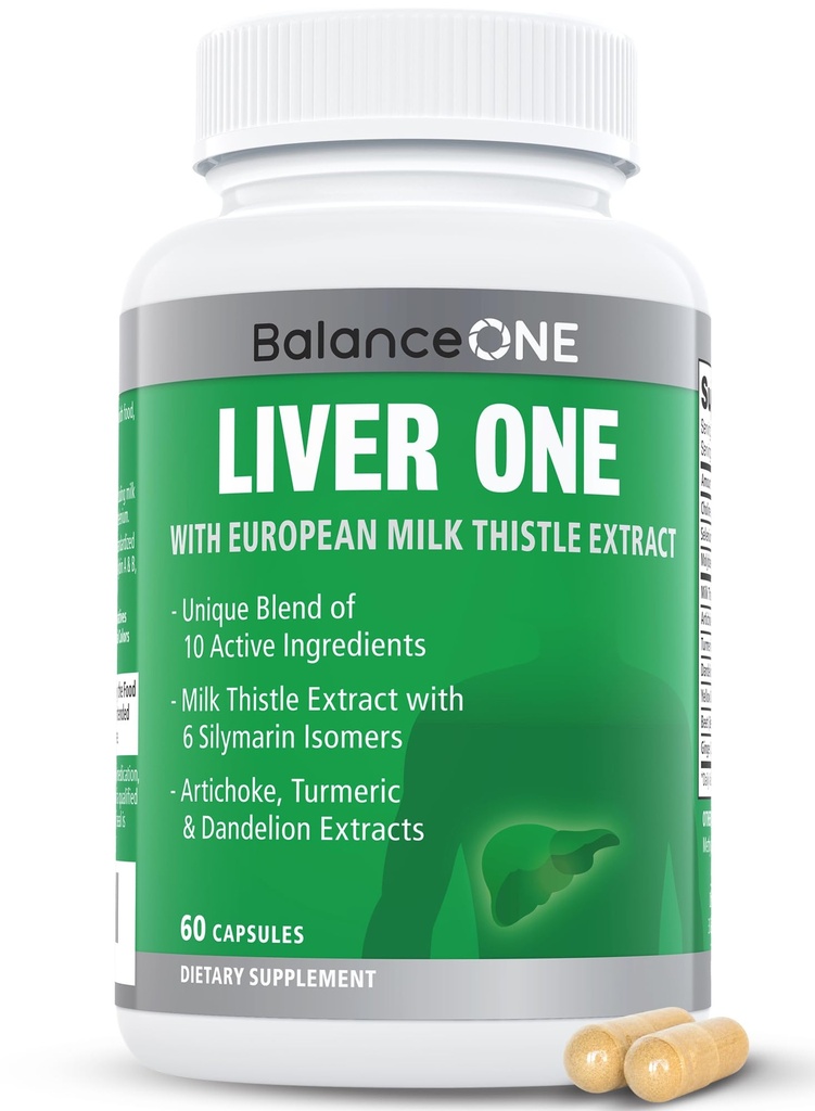 Balance ONE supplément de soutien du foie avec extrait de chardon de lait, racine de dandelion et molybdène – nettoyage naturel du foie, réparation et désintoxication pour les hommes et les femmes - Capsules végétaliennes, 1 mois d'approvisionnement - foie One