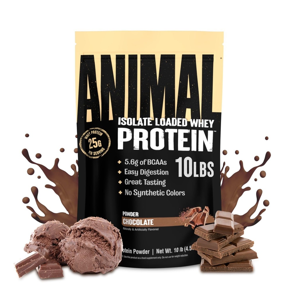 Animal Wei Isolaat Proteïnepoeder - geladen voor pre- & post workout Muscle Builder en Recovery met spijsverteringsenzymen voor mannen en vrouwen - 25 g eiwit, grote smaak, lage suiker - chocolade 10 lbs