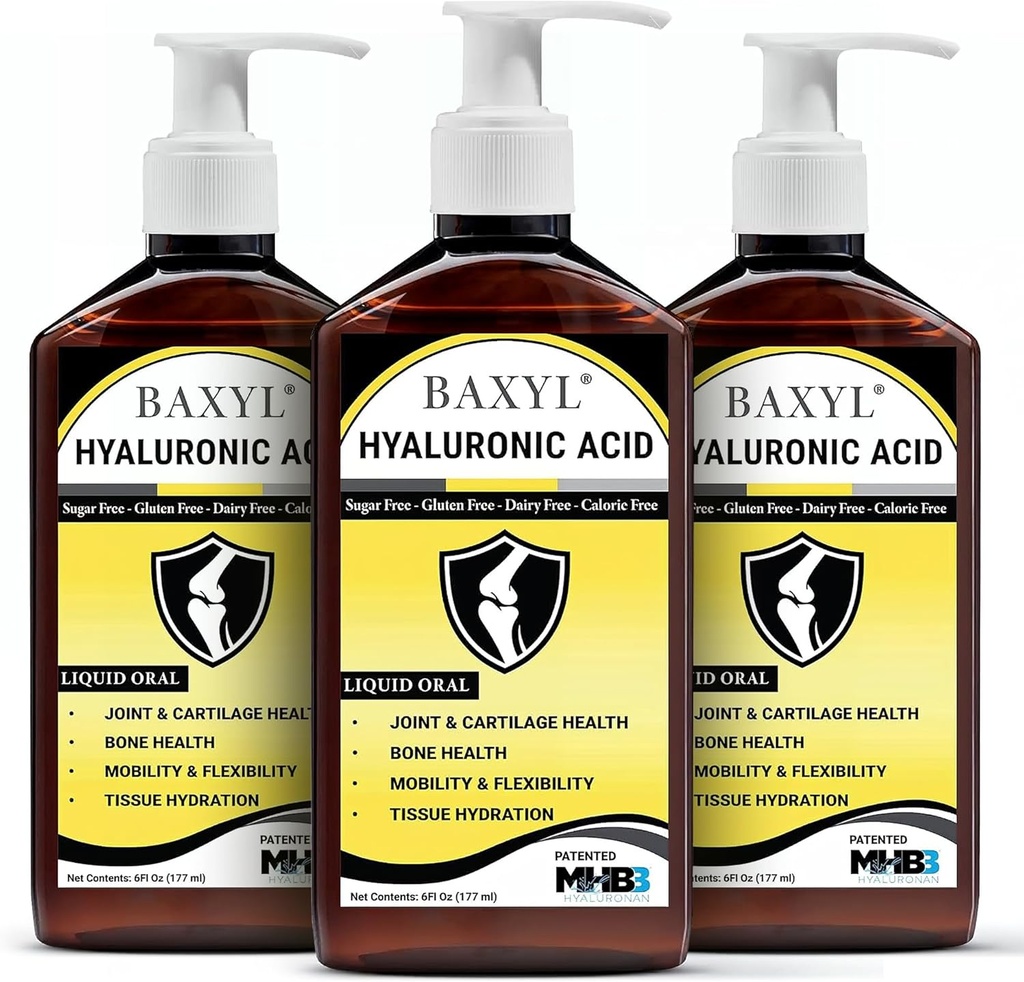 BAXYL Liquid Hyaluronic Acid Supplement - natuurlijk Citroenzuur, Kalium Sorbat Ingrediënten Geformuleerde smaakloze siroop - Zorg voor gezonde cartilage en botvorming - 3 flessen van 6 Fl Oz