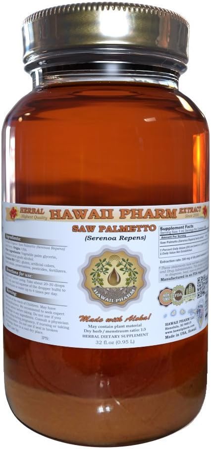 HawaiiPharm Saw Palmetto Extrait liquide, Saw Palmetto biologique (Serenoa Repens) Teinture, supplément à base de plantes, Fabriqué aux États-Unis, 32 fl.oz