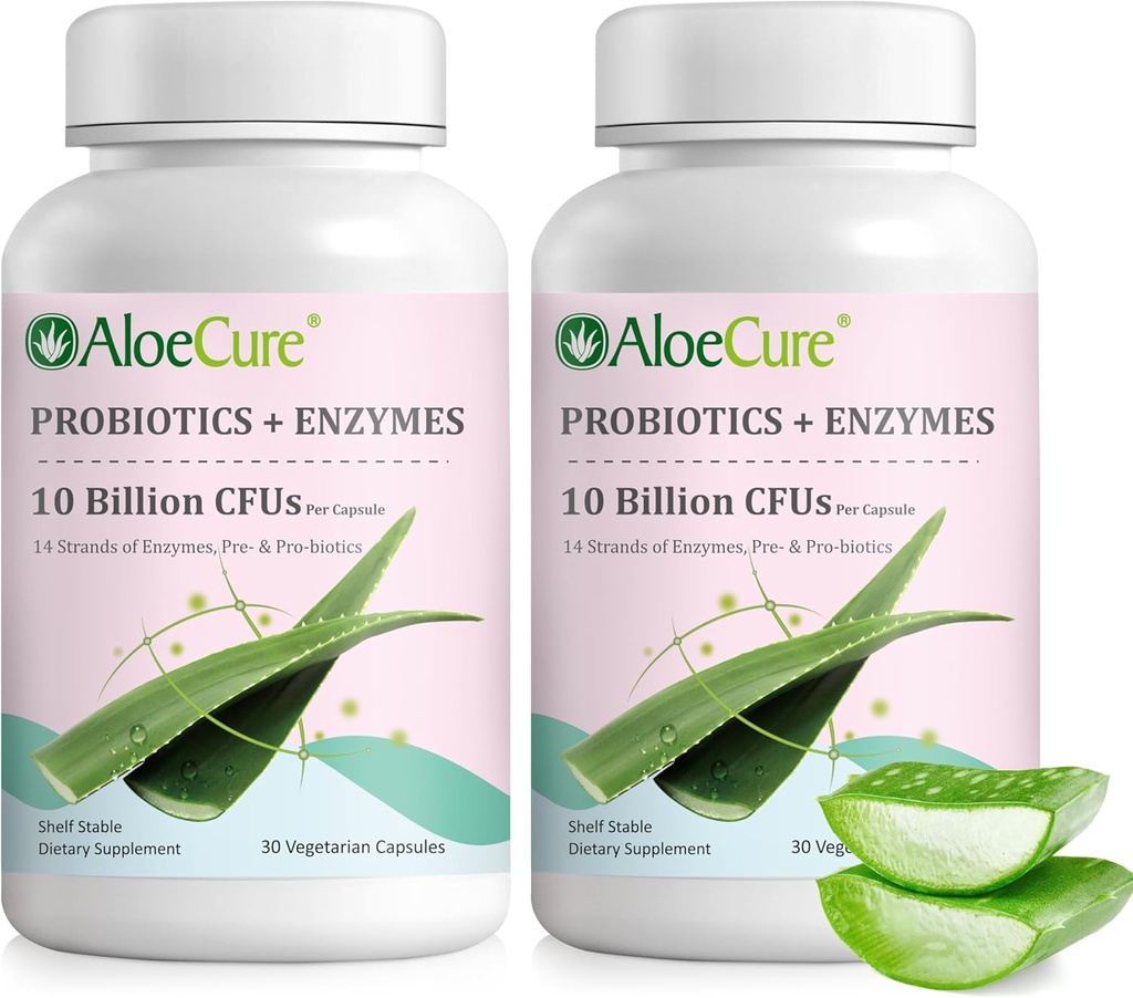 AloëCure Daily Probiotica 10 miljard CFU voor Digestieve Ondersteuning 8 Strains, 6 Prebiotica & Enzymes - Digestief Supplement met Bromelain voor vrouwen & Mannen - Gut Support, Digestieve Relief, 30 Caps x 2btls
