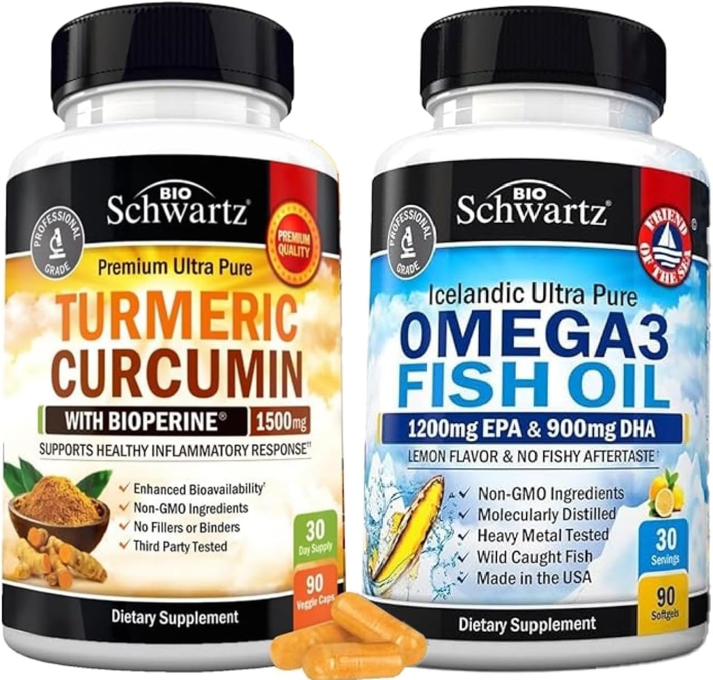 Triple Strength Omega 3 Fish Oil Softgels (1 maand levering) Plus Kurkuma Curcumin met Black Pepper Extract 1500mg Complex (1 maand levering)