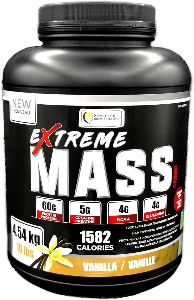 Extreme Mass Weight Gainer Muscle Builder, 10 lb (4,54 kg) met minder suiker voor intense training Gemaakt van hoge Calorie versterkte wei-eiwit (Vanilla)
