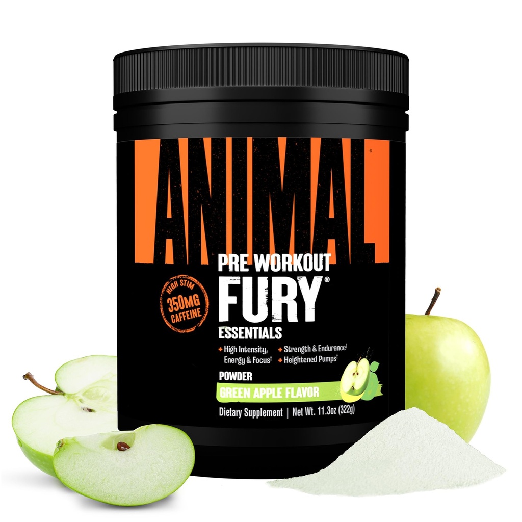 Animal Fury Pre Workout Powder - Green Apple, 350mg Caffeine, BCAA Amino Acids, 2g Beta Alanine, Citrulline & Tyrosine, Energy, Focus, Strength, Endurance, Preworkout for Men & Women, 20 Servings