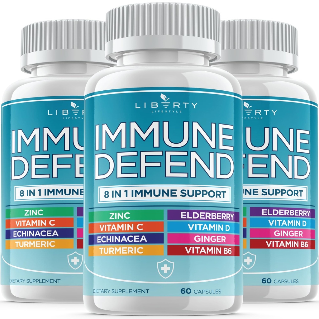 8 en 1 Immune Defense Support, Immunity Vitamines Supplément Booster avec Zinc 50mg, Vitamine C Elderberry VIT D3 5000 UI, Curcumine curcuma et gingembre, Echinacea - Allergie pour les enfants Adultes