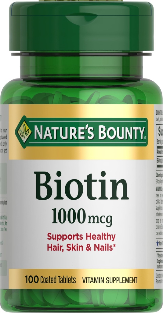 Nature's Bounty Biotin, ondersteunt Metabolisme voor energie en gezond haar, huid en nagels, 1000 mcg, 100 tabletten