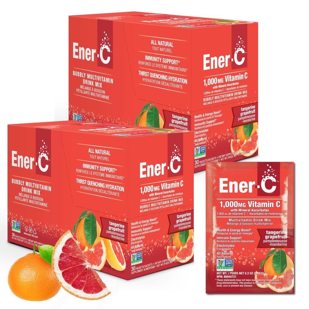 Ener-C Tangerine & Grapefruit Multivitamin Drink Mix, 1000mg Vitamin C, Non-GMO, Vegan, Real Fruit Juice Powders, Natural Immunity Support, Electrolytes, Gluten Free, 2-Packs of 30 (60 Count)