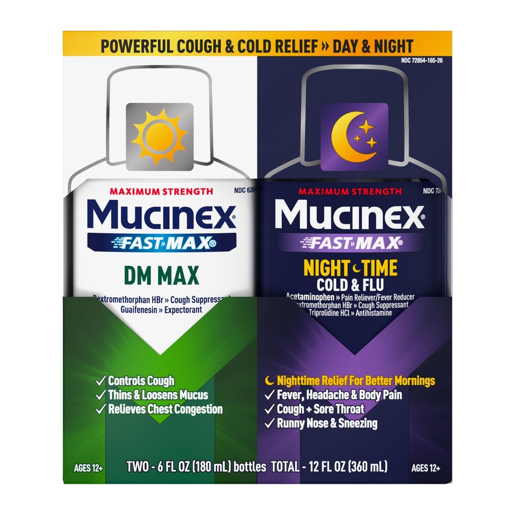 Maximale sterkte Mucinex FastMax DM Max & Mucinex Nightshift Cold & Flu Liquid (2 x 6 fl. oz.) Thins & Loosens Mucus, Relives Cough & Chest Congestie, Pijn, Koorts, niezen, Sore Throat, Runny Neus