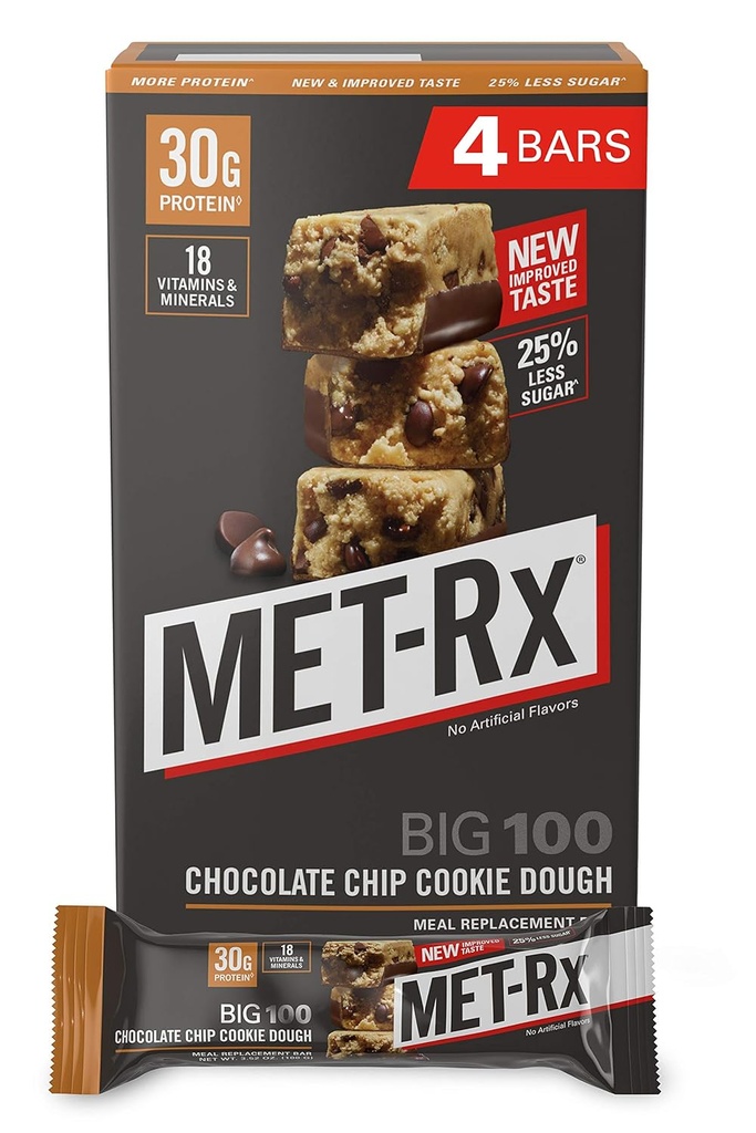 MET-Rx Big 100 Colossal Protein Bars, Great as Healthy Meal Replacement, Snack, and Help Support Energy, Glutenvrij, Chocolade Chip Cookie Deeg, 100 g, 4 Tellen (Verpakking mei Vary)