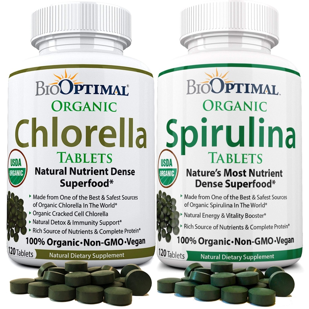 BioOptimal Chlorella Spiruline - Bundle - Tablettes de Chorella Biologique et Tablettes de Spiruline Biologique, 120 Comptez chacune, Qualité Premium 4 Certifications biologiques