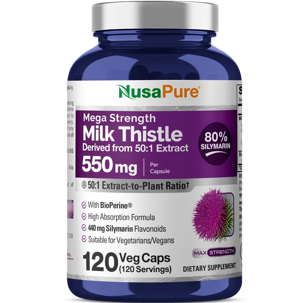 NusaPure Thistle de lait 50:1 Extrait, 550 mg Équivalent à 27 500mg 120 Capsules de légumes Non-OGM, Vegan Max Strength - Standardisé 80% Silymarin, Bioperine