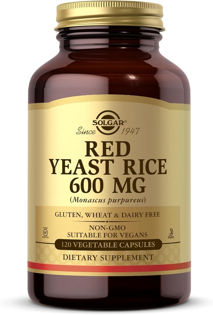 Solgar Red Gist Rice 600 mg - 120 plantaardige capsules - Non-GMO, Vegan, Gluten & Dairy Free, Kosher - 60 porties