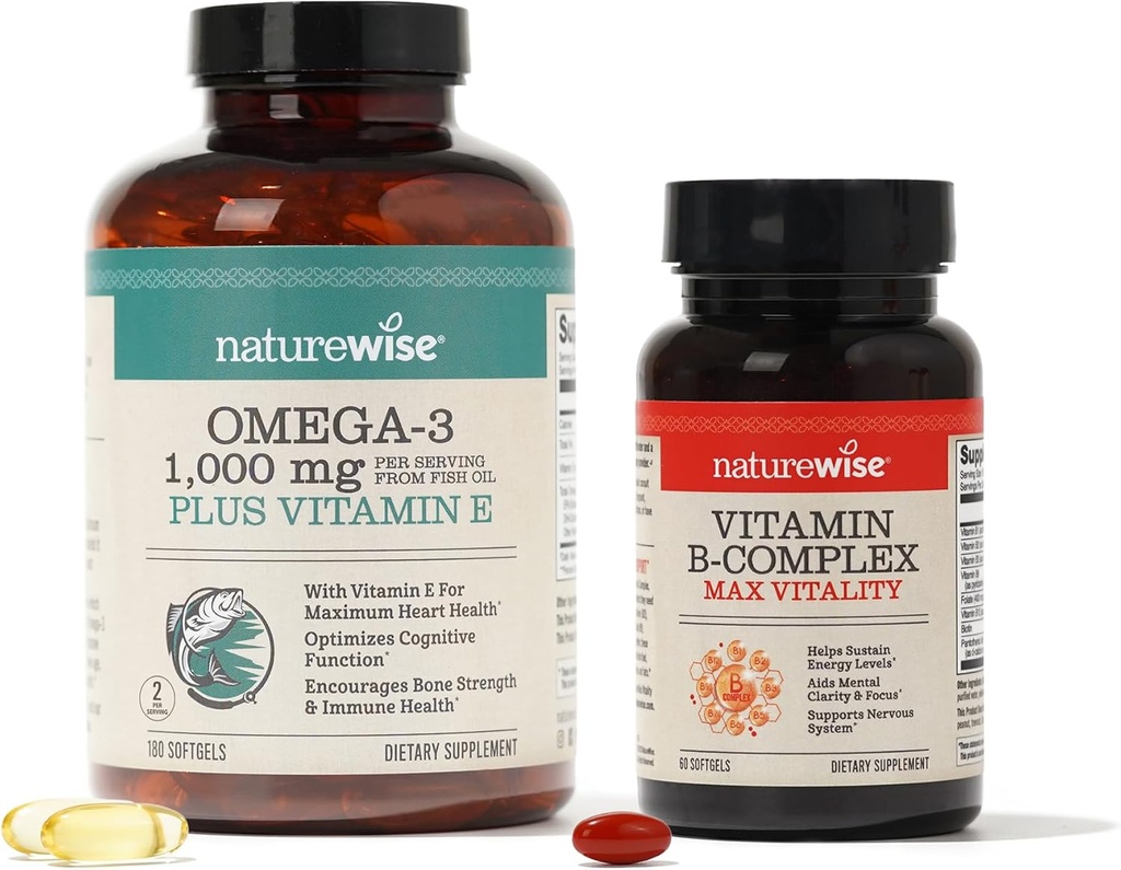 NatureWise 1000mg Omega 3 600mg EPA 400mg DHA met vitamine E 180ct & vitamine B Complex for Cellular Energy 60 Softgels [51]Maande]