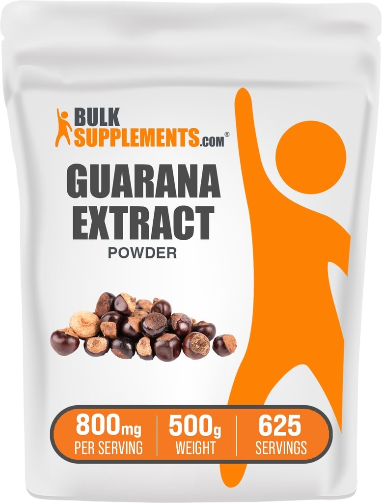 BulkSupplements.com Poudre d'extrait de guarana - supplément de caféine naturelle, de graines de guarana, poudre de guarana - sans gluten, 800mg par portion, 500g (1,1 lb) (paquet de 1)