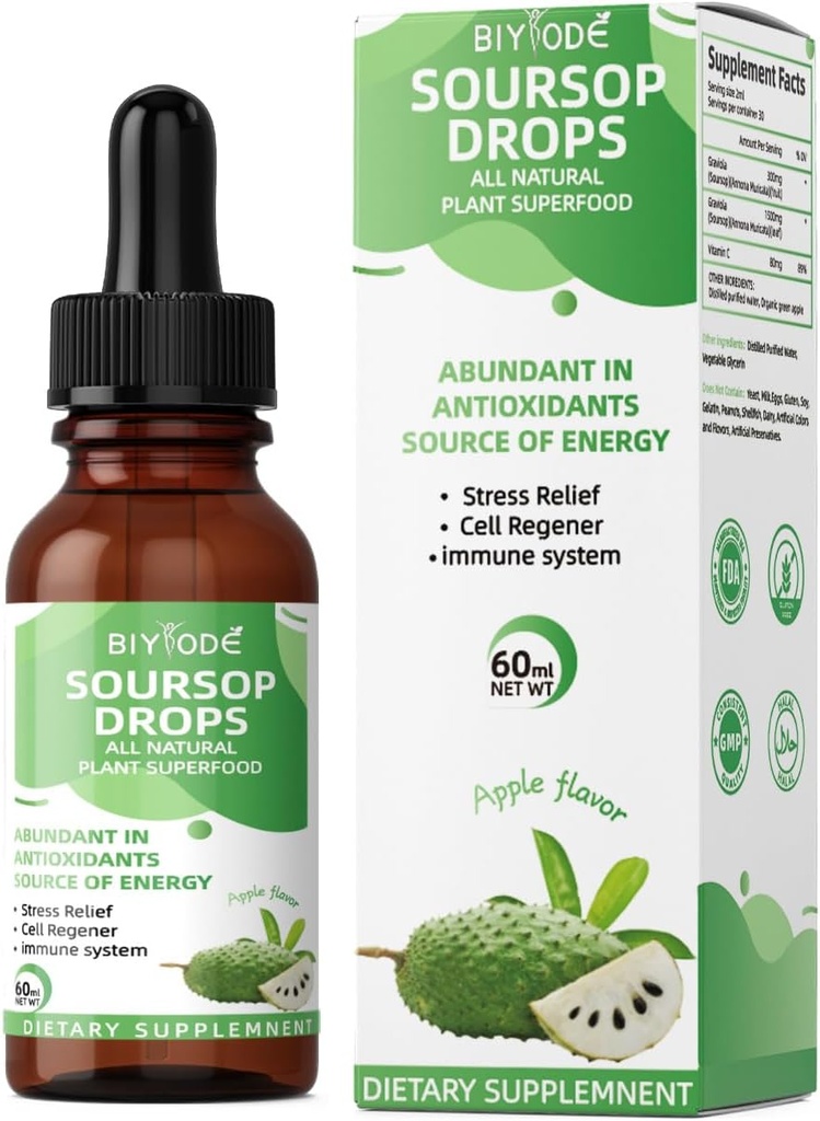 Chaussure Graviola gouttes liquides avec la mousse de mer et la mûre pour le soutien cellulaire, l'immunité, la santé du foie et l'aide au sommeil - biologique, sans sucre/gluten, saveur naturelle, 2 Fl Oz