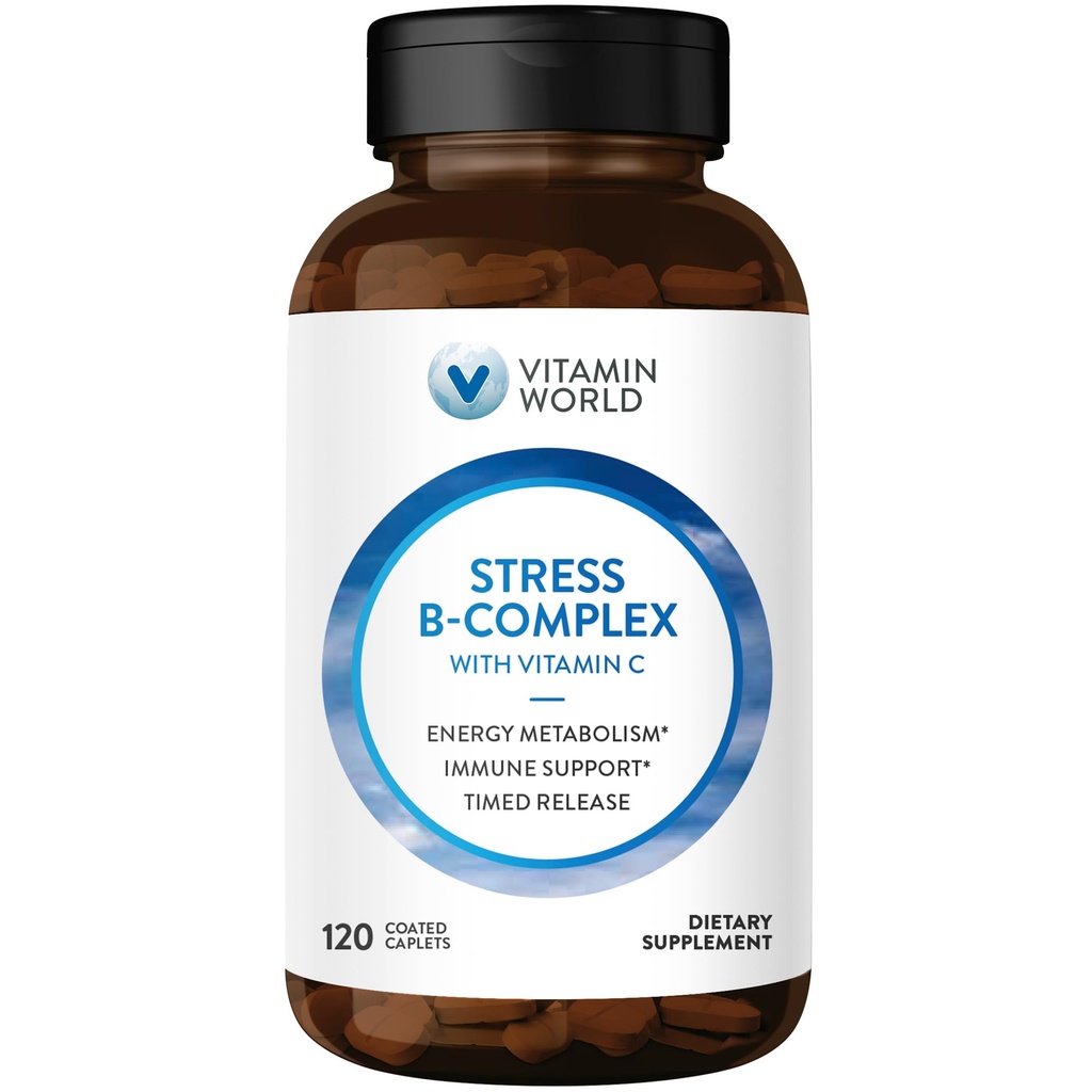 Complexe Vitamine World Stress Vitamine B avec vitamine C, libération chronométrée Vitamine B6, B12, Niacine, Folate et Biotine pour le stress, l'énergie, le métabolisme et le soutien immunitaire, non-OGM, 120 Caplets