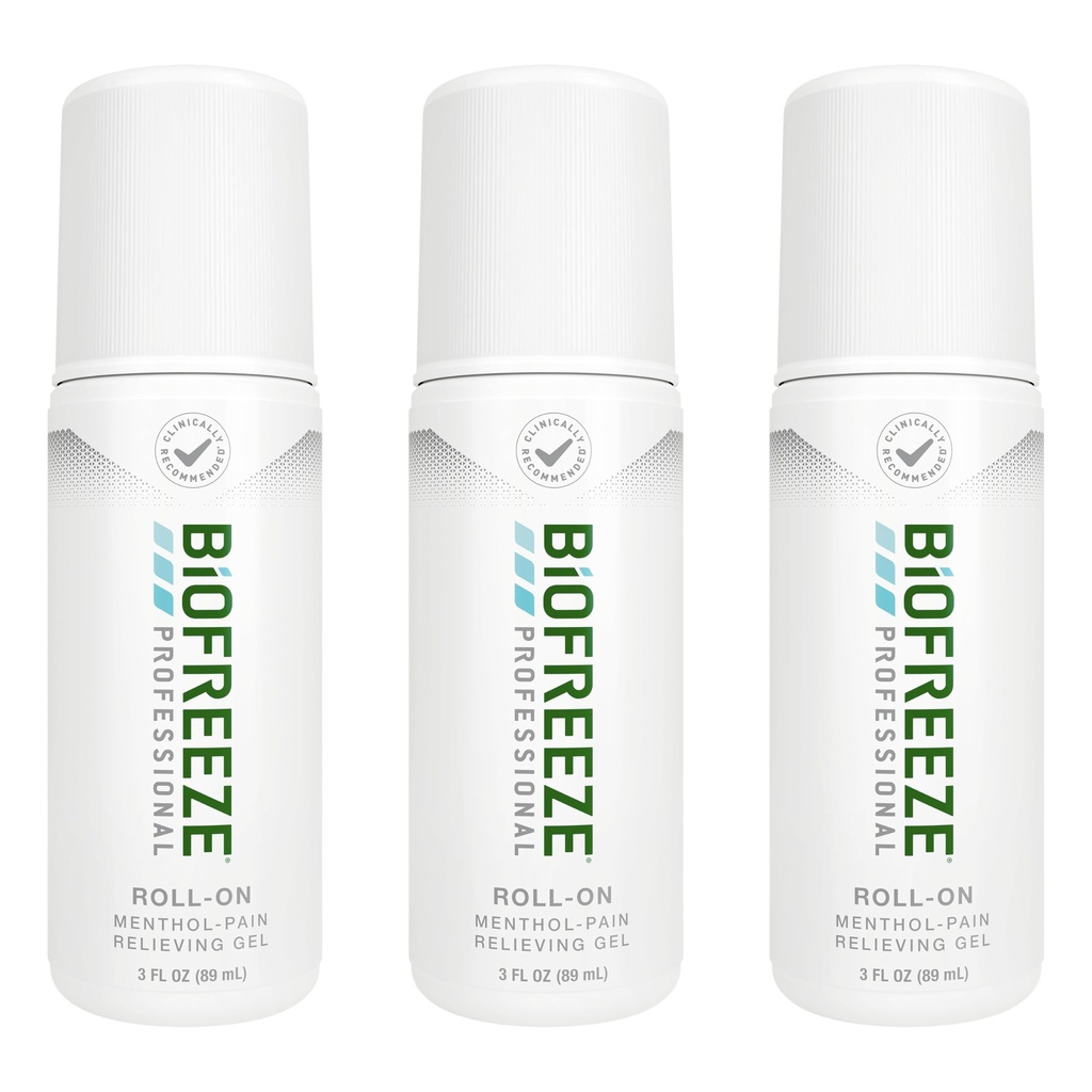 Biogele Professional Pain Relief Roll on pour le genou, le cou, la hanche, l'articulation et l'épaule, simple anti-douleur, mal au muscle, gel menthol roll-on 3 Fl Oz (paquet de 3)