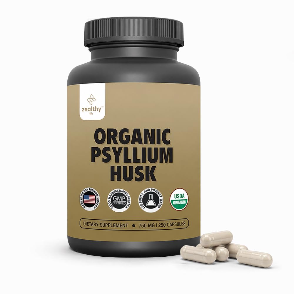 Biologische Psyllium Husk Capsules 750 mg, Natural Fiber Supplement for Gut Health* - Alternatief voor Psyllium Husk Powder, Zealthy Life, 250 Capsules