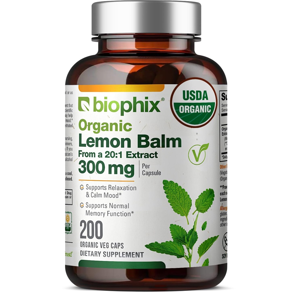 Biophix Lemon Baume Capsules USDA Organic 20:1 Extrait 300 mg 200 Veggie Caps - Santé cognitive Stress Sleep Mood Support Supplément naturel à base de plantes