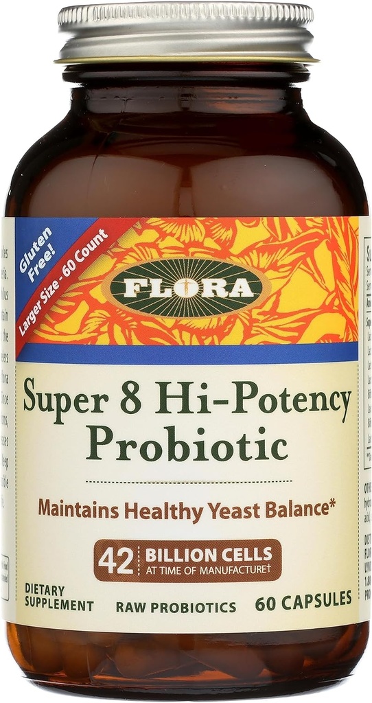 Flora - Super 8 Hi Potency Probiotics Compte 60 - Hygiène de l'équilibre des levures et de la santé digestive - pour les hommes et les femmes - 42 milliards UFC, cru, sans gluten - jusqu'à 2 mois d'approvisionnement