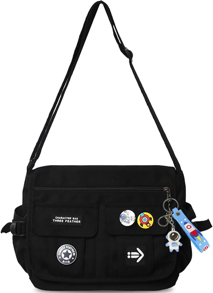 Fashion Crossbody Bag met leuke accessoires Nylon Casual Messenger Bag met hanger Lichtgewicht handtas Travel Daypacks (zwart)