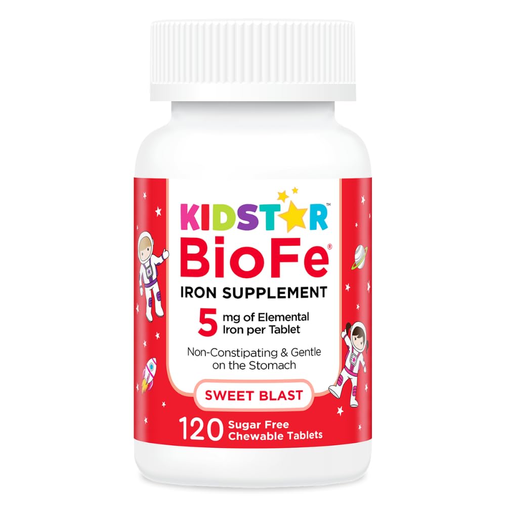 KidStar Nutriments BioFe Pure Iron Chewables pour enfants et adultes, Sweet Blast, Pas de sucre, sucré avec du Xylitol, 120 comprimés à croquer