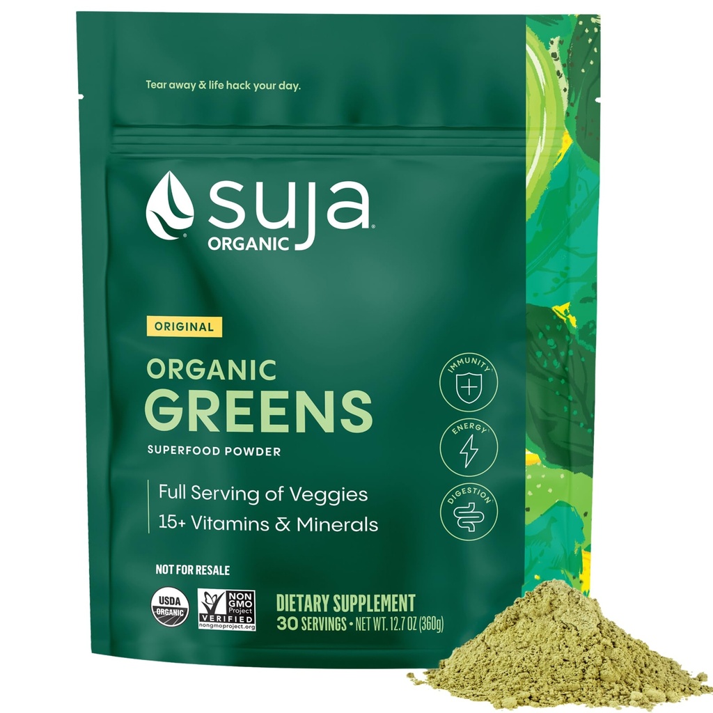 Suja Organic Greens Powder Probiotic Blend, Spirulina, Daily Superfood Drink or Smoothie Mix for Immune Support, Digestion, & Energy, Vegan, Gluten Free, Non GMO, 30 Servings