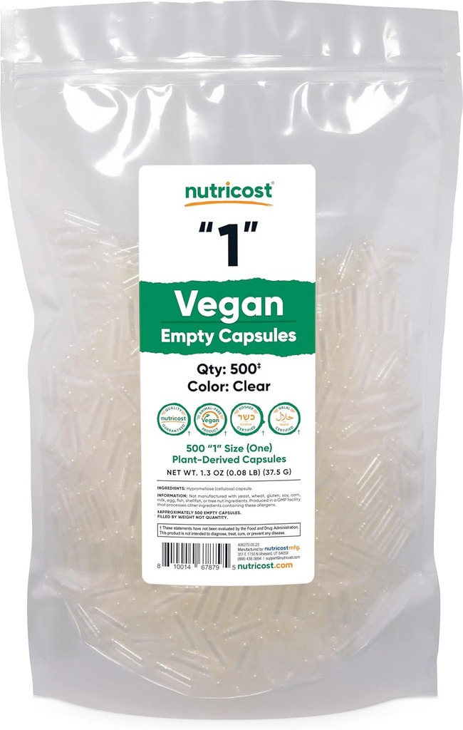 Nutricost Lege Capsules Formaat 1 Vegan - 500 Heldere Lege Plant-Based Capsules - Kosher Gecertificeerd, Halal Gecertificeerd, Niet GGM, Sojavrij, Glutenvrij, Vegetarisch