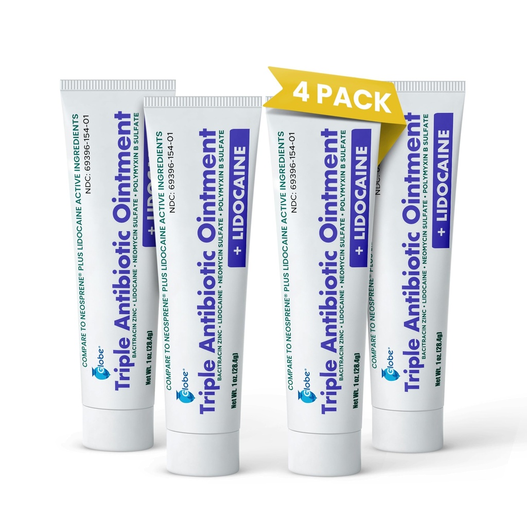 Globe (4-pack) Lidocaine Eerste hulp Antibiotische Zalf 1 Oz - Maximale sterkte pijnverlichting en infectiebescherming - Numbs Huid Snel met lidocaïne - Noodgebruik en infectiebescherming