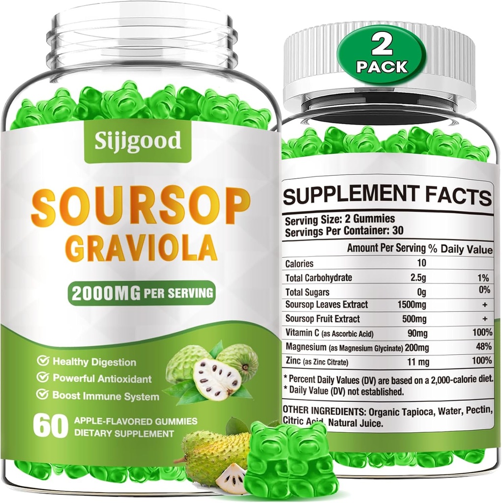 2 Pack Soursop Graviola Gummies - Biologische Soursop Leaves & Fruit Extract - Digestieve hulp, Immune Support & Antioxidant Eigenschappen - 120 Apple Flavored Gummies