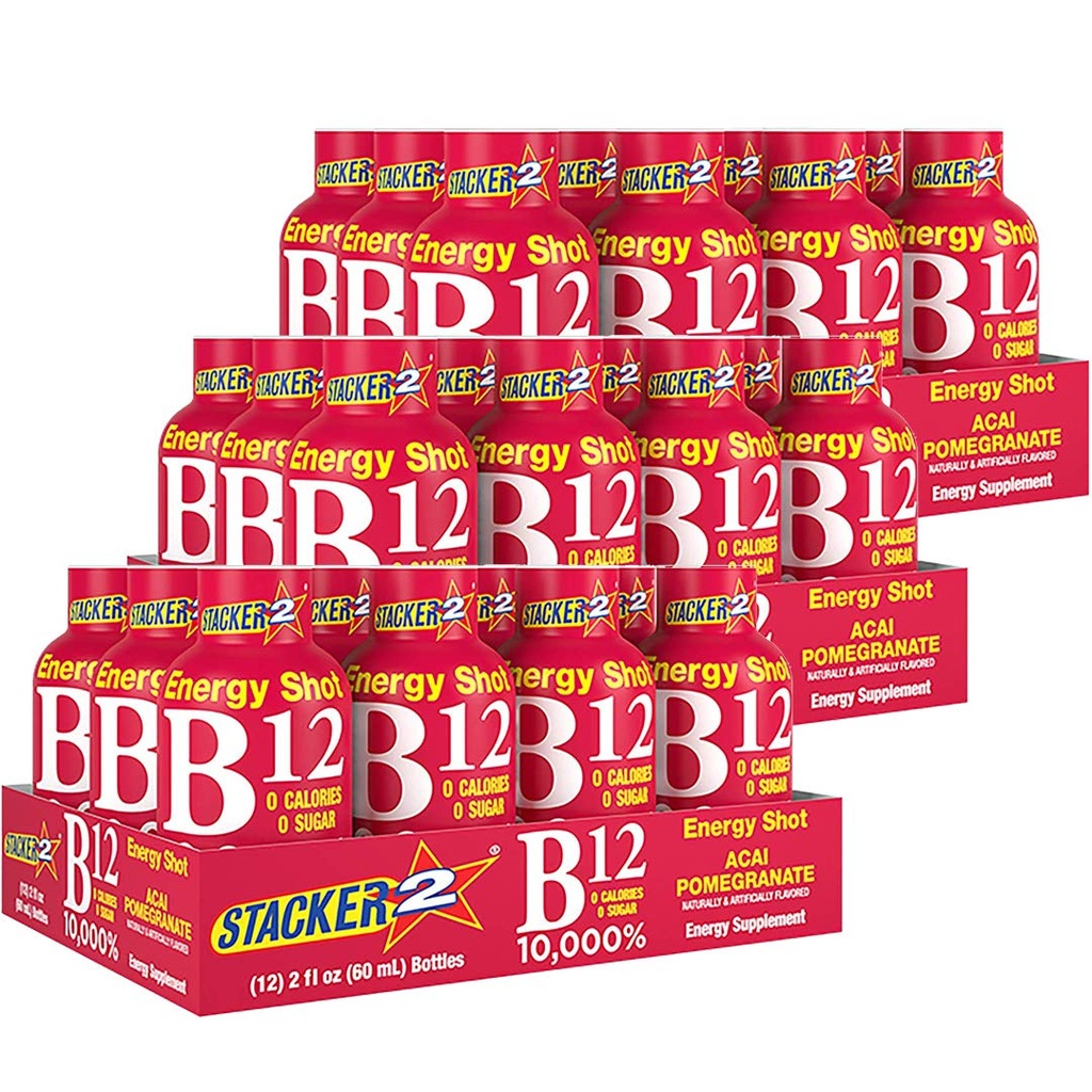 Stacker 2 Vitamin B Complex B12 B6 B3 Liquid Energy Shots - Acai & Pomegranaat - Cyanocobalamine, 10.000% DRV - B-6 Pyridoxine 40mg - B3 Niacinamide (Niacine) 20mg - BOX Bundel (2oz, verpakking van 36)