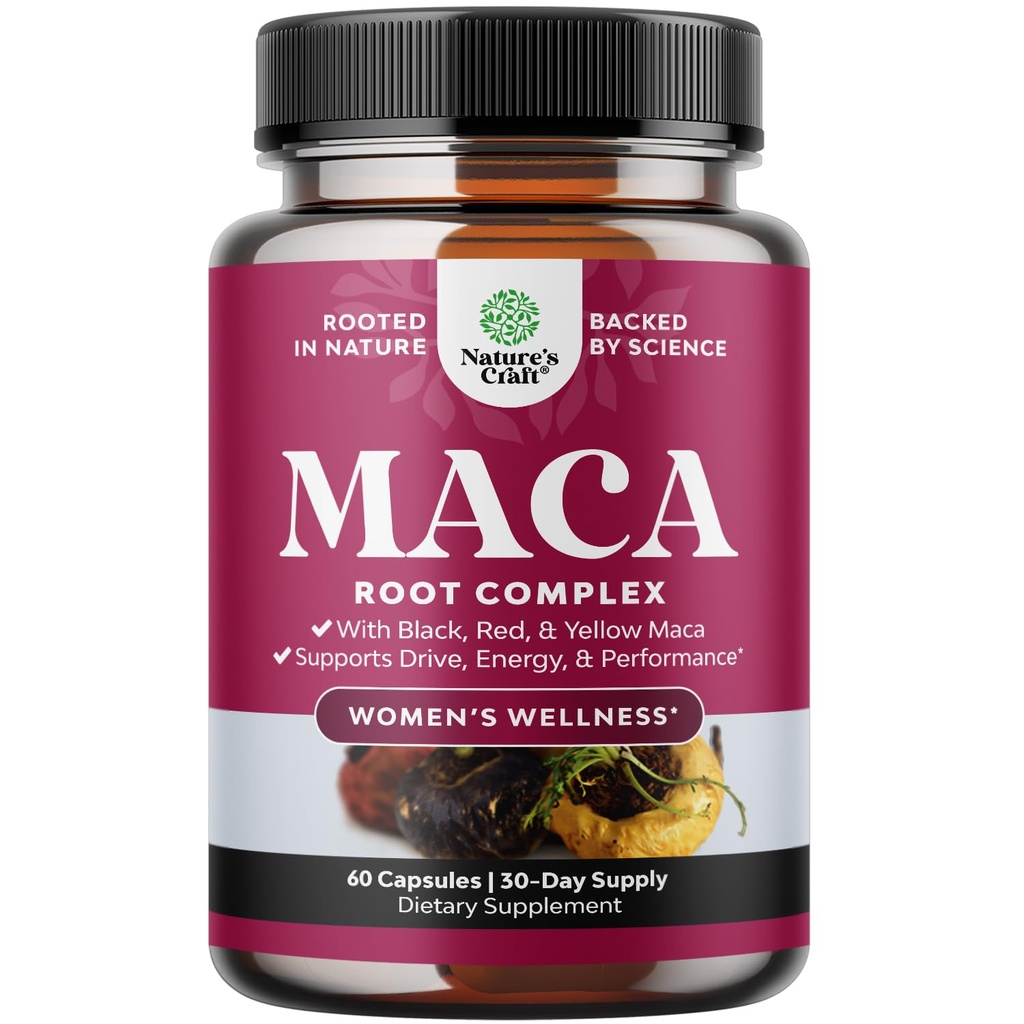 Capsules de racine de maca biologique pour les femmes - Potent supplément à base de plantes avec mélange d'amélioration féminine de racine de maca jaune rouge et noir - végétalien non certifié OGM et sans gluten sans couleur artificielle - 60ct