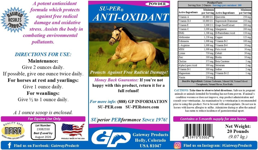SU-PER antioxidantsupplement voor paarden - Equine-vitaminen en essentiële antioxidantenondersteuning - bestrijding milieuverontreinigingen en oxidatieve stress - 20 pond, levering 5 maanden