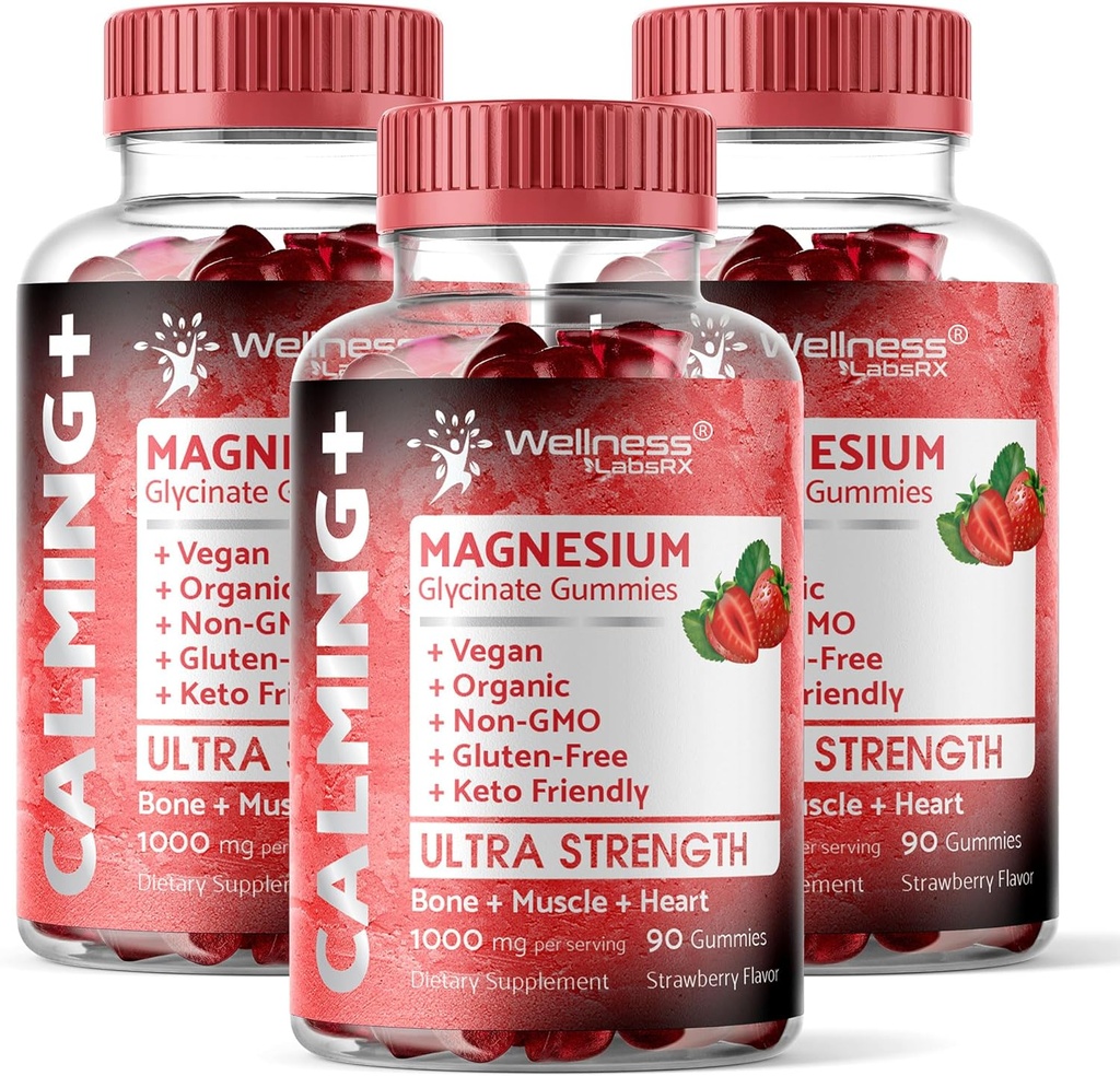 Gommies Glycinées de magnésium, 1000 mg - Supplément de magnésium pour soutenir la relaxation, la santé cardiaque - Gommies Magnésio calmes à croquer pour les adultes, Glicinato De Magnesio - Arôme frais - Paquet de 3