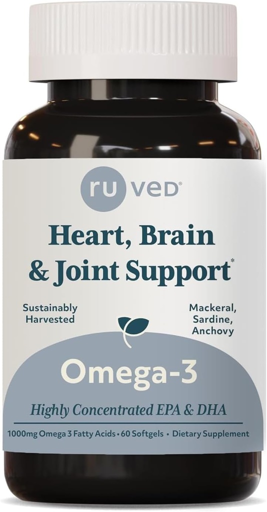 ruved Omega-3 - Omega 3 Fish Oil, 1000mg per capsule, EPA & DHA Fish Oil Supplement for Women & Men, Heart, Brain, & Joint Support - 60 Softgel Capsules (1 telling)