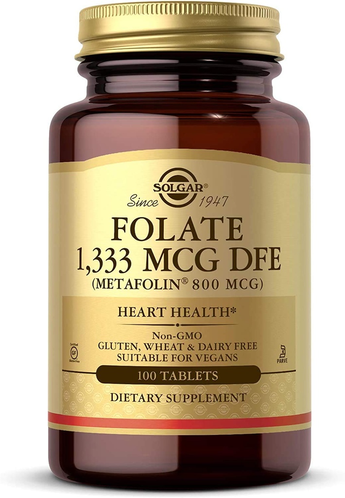 Solgar Folate 1.333 mcg DFE, 100 tabletten - 800 mcg Bio-Active Metafolin - Heart Health - Non-GMO, Veganistisch, Glutenvrij, Zuivelvrij, Kosjer - 100 porties